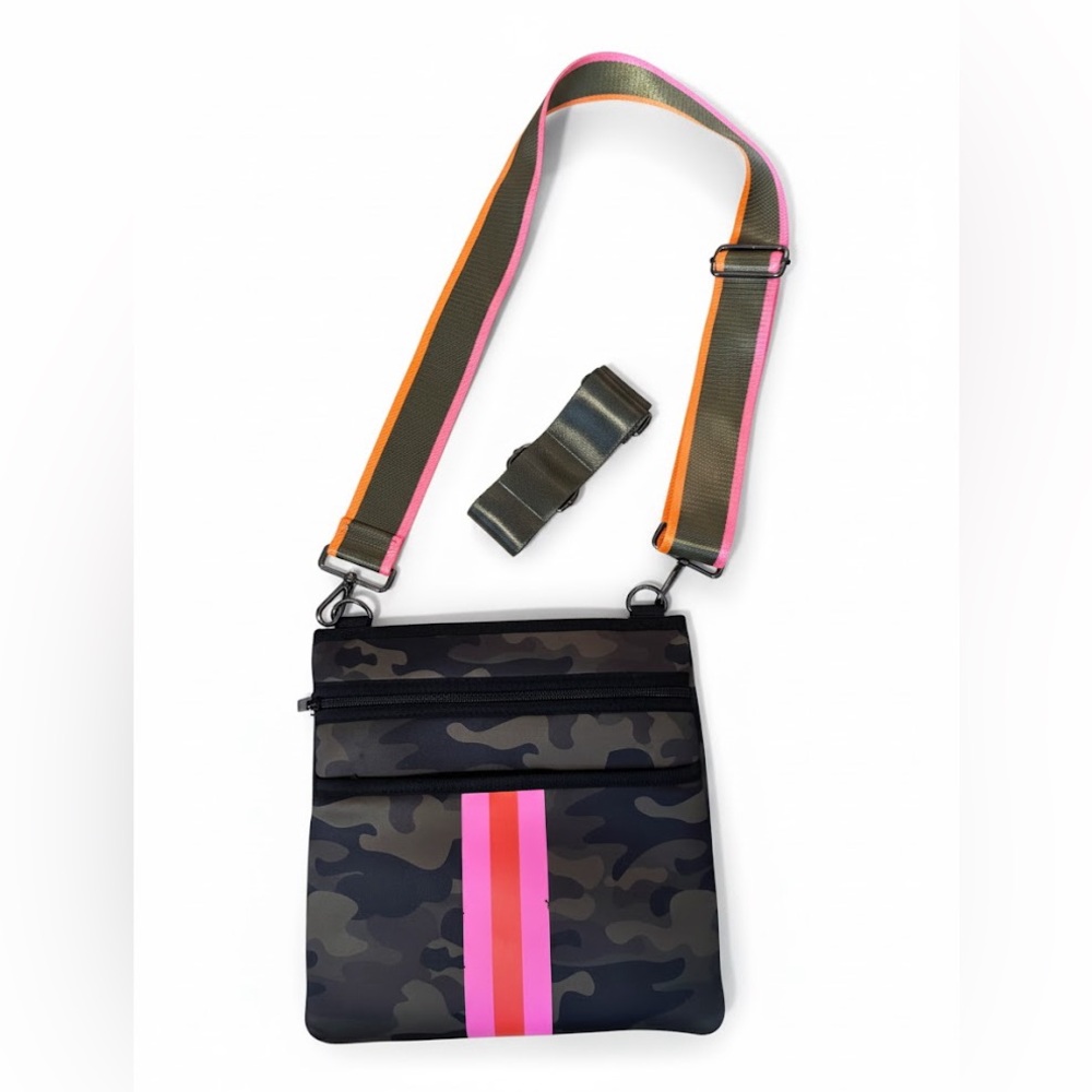 Camouflage Crossbody Bag with Pink and Orange Stripes